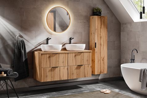 Ensemble Meuble 120 Cm Avec Plan Vasque, 2 Vasques à Poser Smile, Colonne, Miroir LED