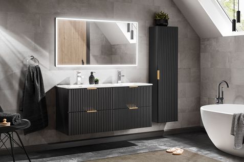 Ensemble De Meubles De Salle De Bain 120 Cm Avec Meuble Vasque, Colonne, Miroir