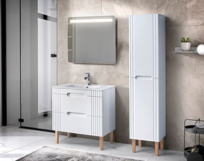 Ensemble Meuble 80 Cm Avec Lavabo, Colonne Haute Et Miroir