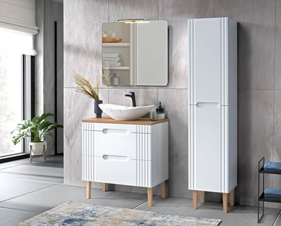 Ensemble Meuble 80 Cm Avec Vasque à Poser, Colonne Et Miroir 80 Cm