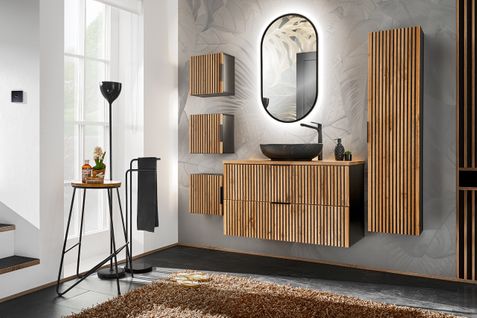 Ensemble Meuble 100 Cm Avec Vasque à Poser, Colonne Haute, Miroir LED