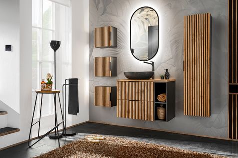 Ensemble De Meubles De Salle De Bain 80 Cm Avec Vasque à Poser, Colonne Et Miroir