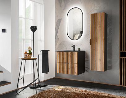 Ensemble De Meubles De Salle De Bain 60 Cm Avec Vasque, Colonne Et Miroir