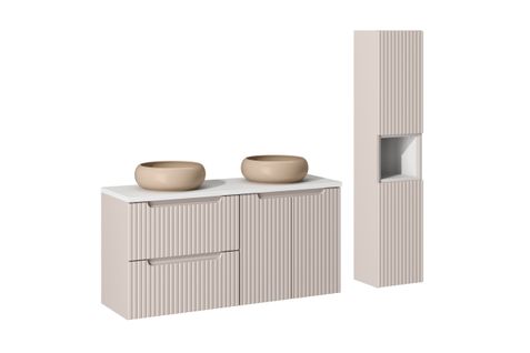 Ensemble De Meubles De Salle De Bain 120 Cm Avec Plan, 2 Vasques à Poser Wiki, Colonne Haute