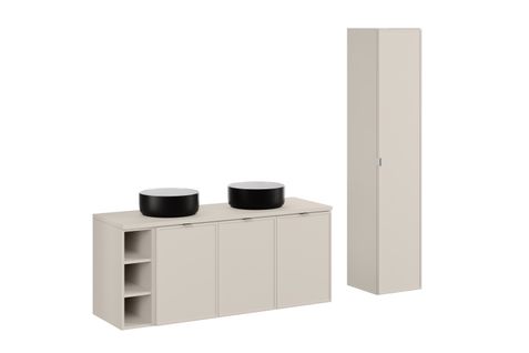 Ensemble De Meubles De Salle De Bain 140 Cm Avec Plan, 2 Vasques à Poser, Colonne Haute