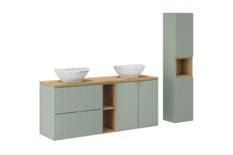 Set-lrg B Oak Meuble De Salle De Bain 140 Cm Avec Plan, 2 Vasques Pati, Colonne Haute