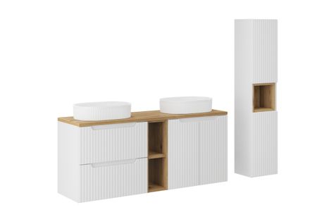 Ensemble Meuble 140 Cm Avec Plan, 2 Vasques à Poser Beyond, Colonne Haute