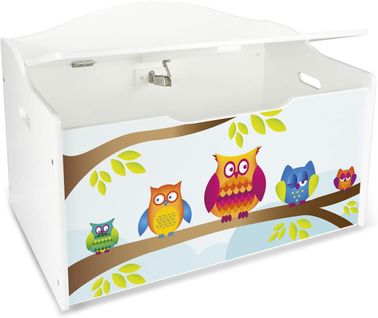 Coffre XL à Jouets En Bois Rangement Pour Enfants  Couleur Blanc Motif:  Hiboux