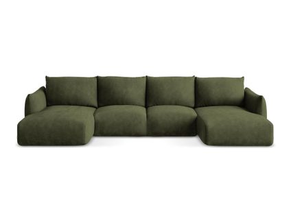 Canapé Panoramique 4 Places Convertible Leila En Tissu Chenille Olive