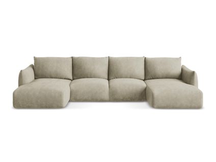 Canapé Panoramique 4 Places Convertible Leila En Tissu Chenille Beige