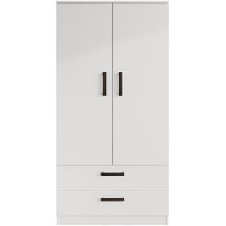 Armoire Trend 2 Portes 90 Cm Blanc – 2 Tiroirs, Penderie, 5 Étagères