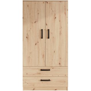 Armoire Trend 2 Portes 90 Cm Chêne Artisan– 2 Tiroirs, Penderie, 5 Étagères