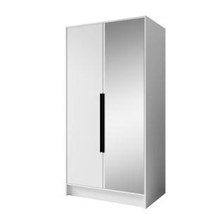 Armoire à Portes Battantes LARO 100 cm - Avec Miroir, Blanc Avec Poignées Noires