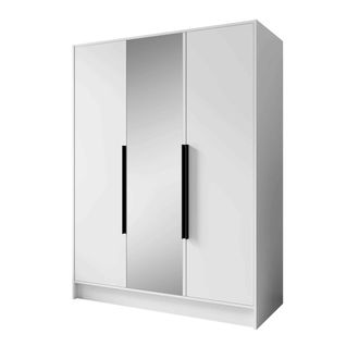 Armoire à Portes Battantes LARO 150 cm - Avec Miroir, Blanc Avec Poignées Noires