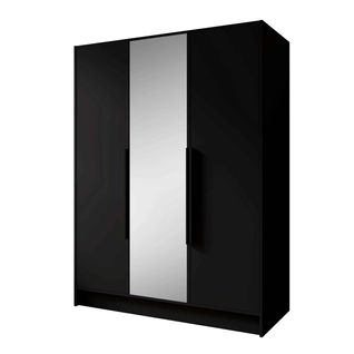 Armoire à Portes Battantes LARO 150 cm - Avec Miroir, Noir Avec Poignées Noires
