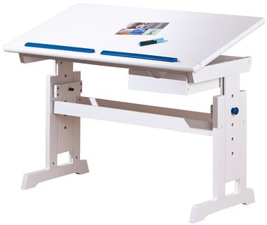 Bureau Enfants Blanc / Rose Et Bleu En Mdf / Bois Massif Avec 1 Tiroir, Dim : 109 X 55 X 63/88 Cm