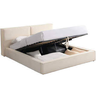 Lit Coffre Adulte 140x190 Cm Avec Sommier Et Tête De Lit Matelassée En Velours Côtelé Beige - Arno