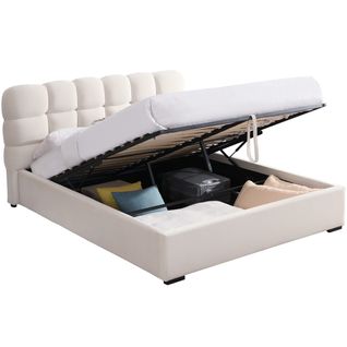 Lit Coffre Adulte 140x190 Cm Avec Sommier Et Tête De Lit Capitonnée En Velours Beige - Lola