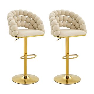 Ensemble De 2 Tabourets De Bar, Pieds Réglables Plaqués Or, Velours, Blanc Crème