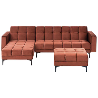 Canapé-lit D'angle Modulable 4 Places - Canapé Convertible Alnes Velours Rouge Clair Côté Droit