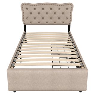 Lit Rembourré 90x200 Cm, Avec Rivets Décoratifs, Double Tiroir, Beige Foncé