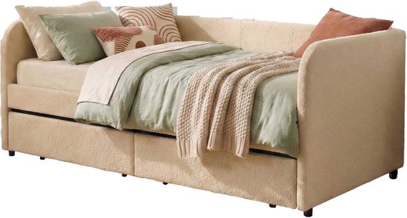 Lit Banquette Spector - 90 X 200 Cm - Avec Tiroirs De Rangement - Tissu Teddy Beige