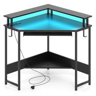 Bureau D'angle Bureau D'ordinateur LED Avec Station De Charge Support Pour Écran 80x80x88cm Noir