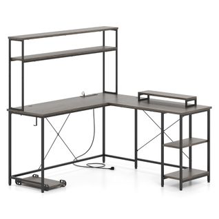 Bureau D'angle Bureau Informatique Reversible Avec LED Et Prises De Courant 145x145x147 Cm Gris