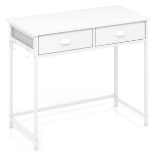 Bureau D'ordinateur Compact Avec 2 Tiroirs En Tissu 4 Crochets Suspendus 90 X 45 X 75 Cm Blanc