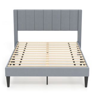 Cadre De Lit Double 140x200cm Sommier Tissu Avec Tête De Lit Lattes En Bois Patins Réglables Gris