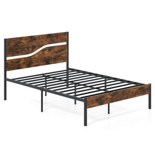 Lit Double Cadre De Lit Industriel 140x200cm Avec Sommier En Métal Tête En Bois Marron Rustique