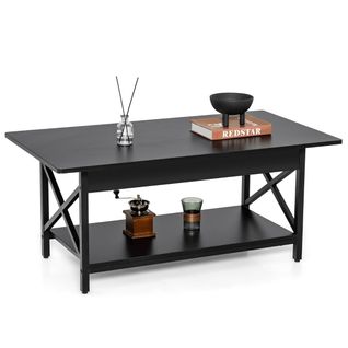 Table Basse 2 Niveaux Avec Étagère Pieds Réglables Industrielle 110 X 60 X 48 Cm Noir