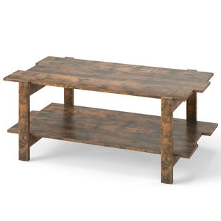 Table Basse à 2 Niveaux Bout De Canapé En Bois à Lattes Avec Étagère 115 X 59 X 46 Cm Café