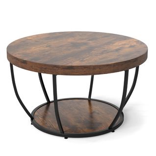 Table Basse Ronde Bout De Canapé à 2 Niveaux Cadre En Métal Robuste 80 X 80 X 45 Cm Bois Café
