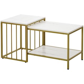 Lot De 2 Tables Basses Gigognes Carrés - Plateau Blanc Aspect Marbre Et Pied En Métal Doré