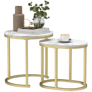 Lot De 2 Tables Basses En Acier Et Plateau En Bois Aspect Marbre Or