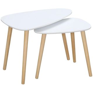 Lot De 2 Tables Basses Gigognes Design Scandinave Pieds En Bois Et Plateau En Bois, Blanc