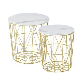 Ensemble De 2 Tables Basses Gigognes, Structure Métallique Dorée, Panneaux Mdf, Blanc