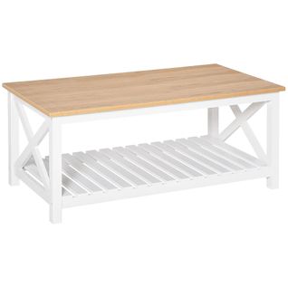 Table Basse Rectangulaire 116l X 60l X 48h Cmétagère à Lattes Plateau Imitation Chêne Clair Blanc