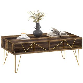 Table Basse En Bois, 2 Tiroirs, Décorée à La Main De Lignes Dorées, 110 L X 59 L X 42 H Cm,marron