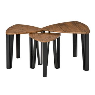 Ensemble De Table Basse Encastrable 3 Pièces, Pieds Métalliques Noirs, Plateau En Bois De Noyer.