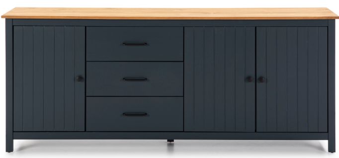 Buffet En Pin Massif Décor Ciré Chêne Et Bleu, Meuble De Rangement - L. 190 X P. 40 X H. 80 Cm