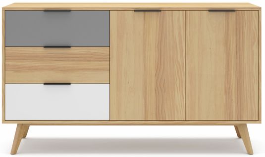 Buffet En Pin Massif Chêne Blanc Et Gris, Meuble De Rangement - L. 140 X P. 40 X H. 80 Cm