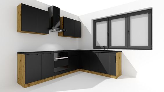 Cuisine Complète D'angle Isya 9 Éléments Couleur Noir/chêne Artisan - Longueur 200/260 Cm