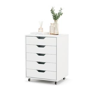 Caisson Mobile, Meuble De Bureau à Roulettes Avec 5 Tiroirs Poignée Incurvée 49x40x65cm Blanc