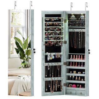 Armoire à Bijoux Avec Miroir LED Multiples Rangements Avec Crochets 120x36x10cm Bleu