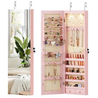 Armoire à Bijoux Avec Miroir LED Multiples Rangements Avec Crochets 120x36x10cm Rose