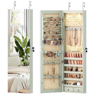 Armoire à Bijoux Mural Avec Miroir Et LED Accrochée à La Porte 120 X 36 X 10 Cm Vert Clair