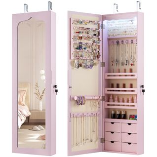 Armoire à Bijoux Murale LED Avec Miroir 6 Tiroirs Crochet Ajustable 120x36,5x11,5cm Rose