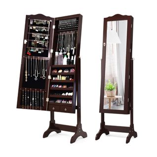 Armoire à Bijoux Sur Pied Avec 14 Lampes LED Verrouillable Réglable à 4 Angles Marron